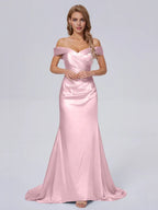 Simple Sheath/Column Off the Shoulder Sleeveless Satin Pleated Sweep Train Bridesmaid Dress