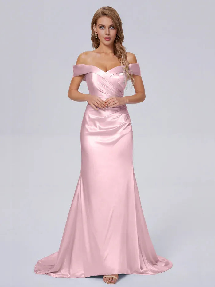 Simple Sheath/Column Off the Shoulder Sleeveless Satin Pleated Sweep Train Bridesmaid Dress