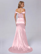 Simple Sheath/Column Off the Shoulder Sleeveless Satin Pleated Sweep Train Bridesmaid Dress