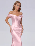 Simple Sheath/Column Off the Shoulder Sleeveless Satin Pleated Sweep Train Bridesmaid Dress