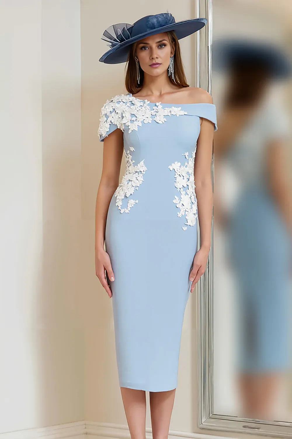 Sheath/Column One Shoulder Sleeveless Backless Tea-Length Mother of the Bride Dress