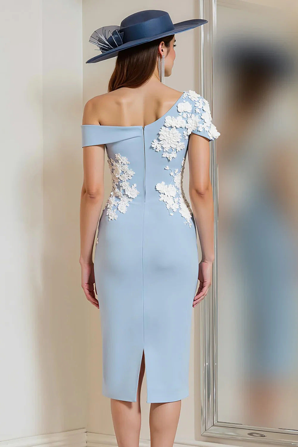 Sheath/Column One Shoulder Sleeveless Backless Tea-Length Mother of the Bride Dress