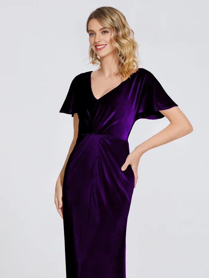 Sheath/Column V Neck Short Sleeves Floor Length Mother of the Bride Dress