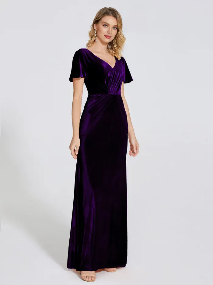 Sheath/Column V Neck Short Sleeves Floor Length Mother of the Bride Dress