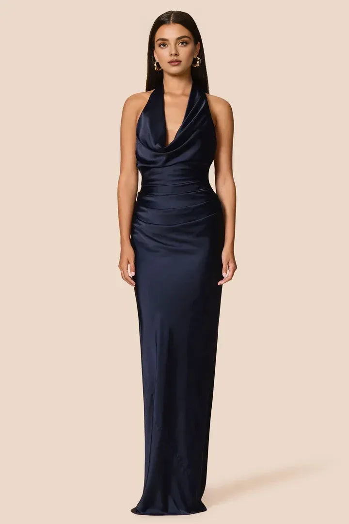 Sheath Halter Cowl Neck Sleeveless Floor-Length Prom Dress