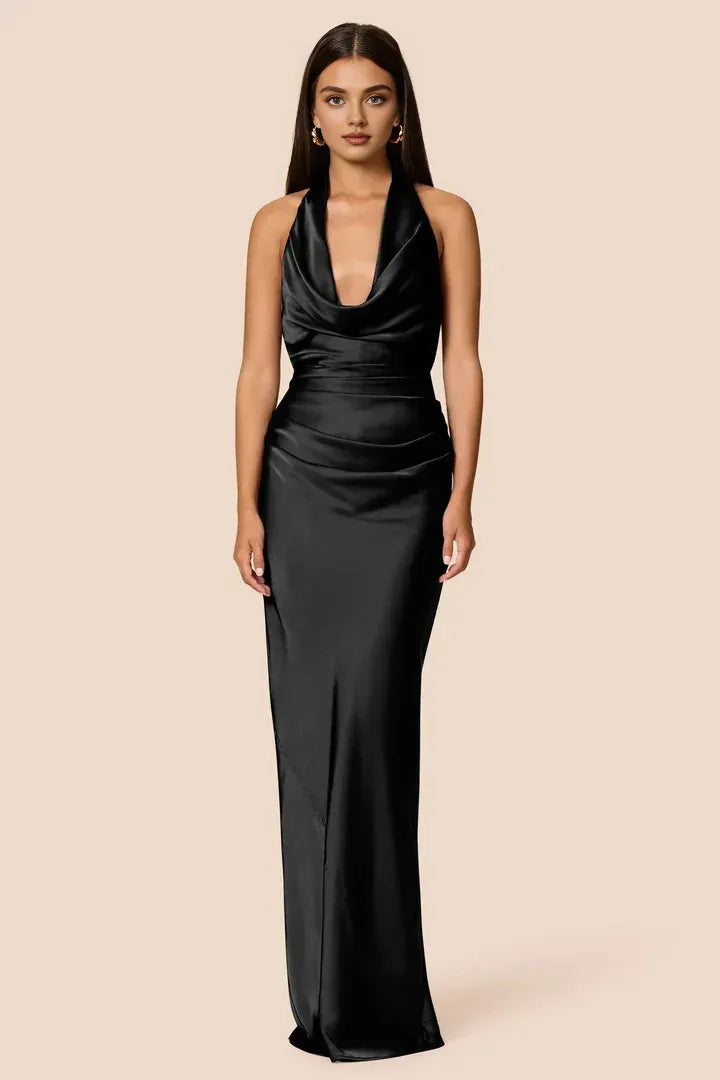 Sheath Halter Cowl Neck Sleeveless Floor-Length Prom Dress