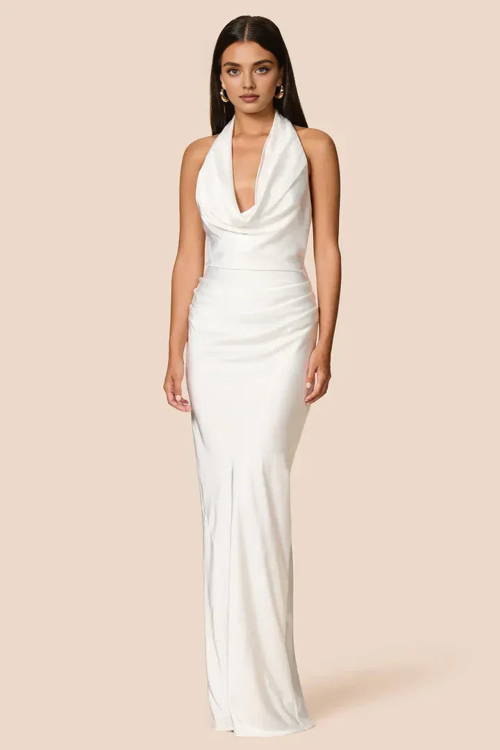 Sheath Halter Cowl Neck Sleeveless Floor-Length Prom Dress
