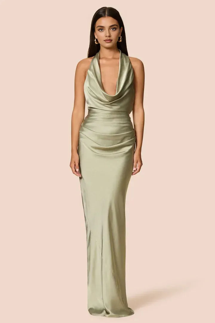 Sheath Halter Cowl Neck Sleeveless Floor-Length Prom Dress