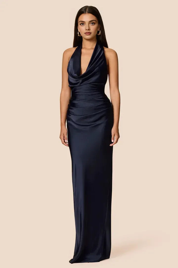 Sheath Halter Cowl Neck Sleeveless Floor-Length Prom Dress