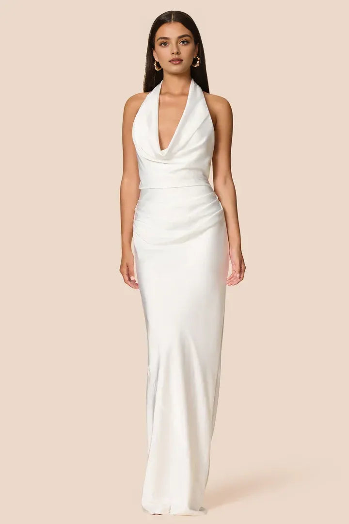 Sheath Halter Cowl Neck Sleeveless Floor-Length Prom Dress