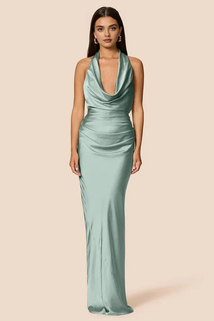 Sheath Halter Cowl Neck Sleeveless Floor-Length Prom Dress