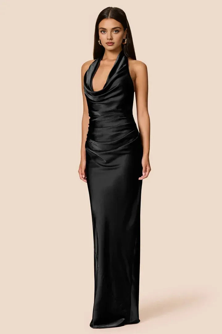 Sheath Halter Cowl Neck Sleeveless Floor-Length Prom Dress
