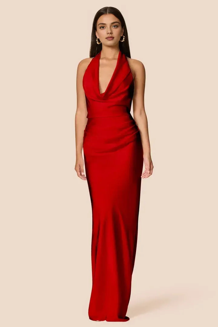 Sheath Halter Cowl Neck Sleeveless Floor-Length Prom Dress