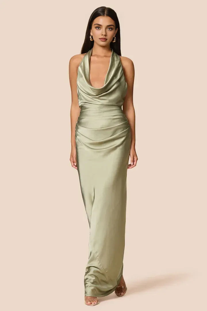 Sheath Halter Cowl Neck Sleeveless Floor-Length Prom Dress