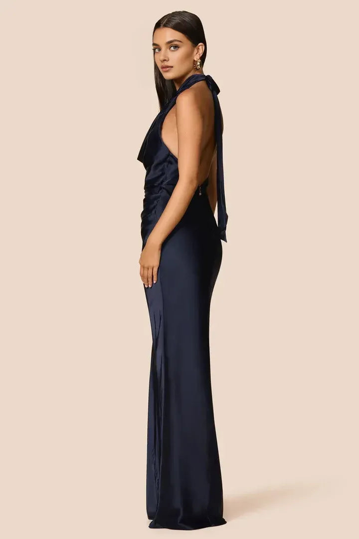 Sheath Halter Cowl Neck Sleeveless Floor-Length Prom Dress
