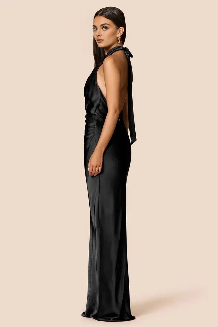 Sheath Halter Cowl Neck Sleeveless Floor-Length Prom Dress