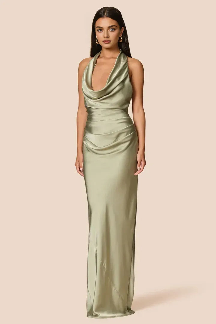 Sheath Halter Cowl Neck Sleeveless Floor-Length Prom Dress
