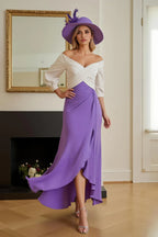 Sheath Off The Shoulder Long Sleeve V Back Asymmetrical-Length Mother of the Bride Dress