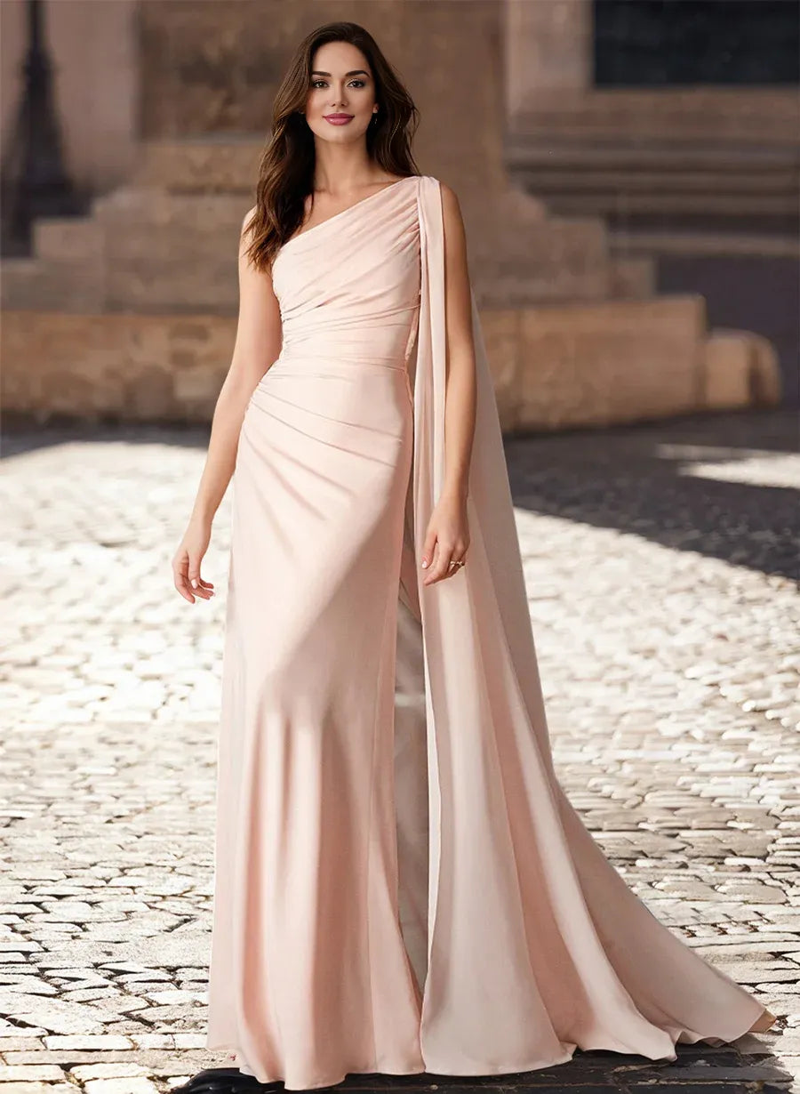 Sheath One-Shoulder Sleeveless Pleated Sweep Train Evening Dress