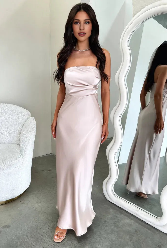 Sheath Strapless Sleeveless Pleated Floor-Length Prom Dress