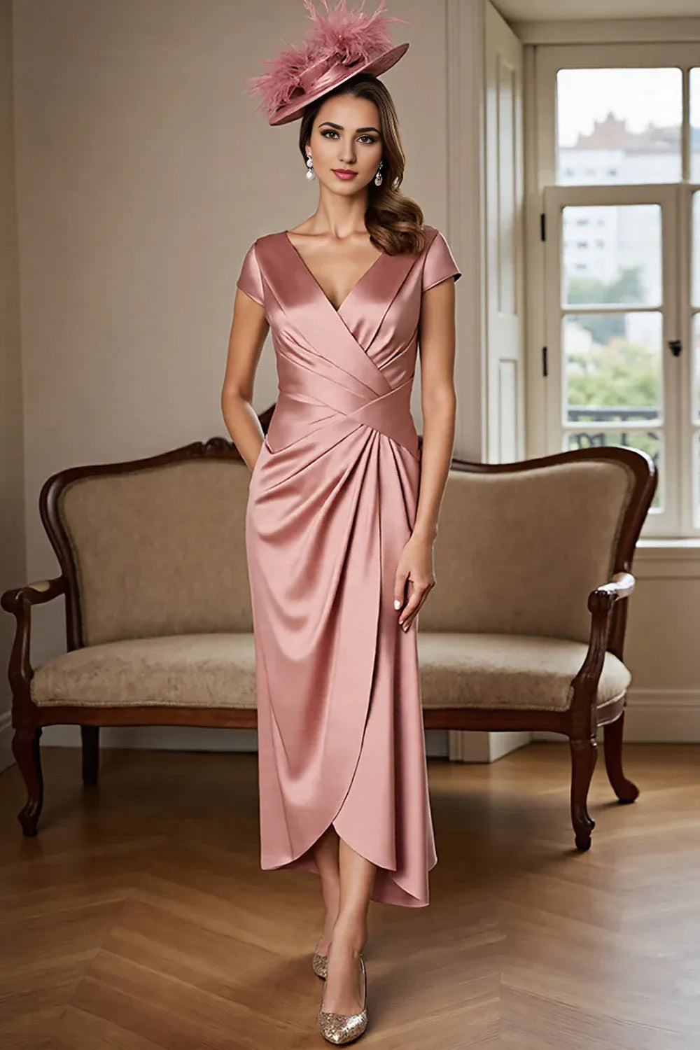 Sheath V-Neck Cap Sleeve V Back Ankle-Length Mother of the Bride Dress