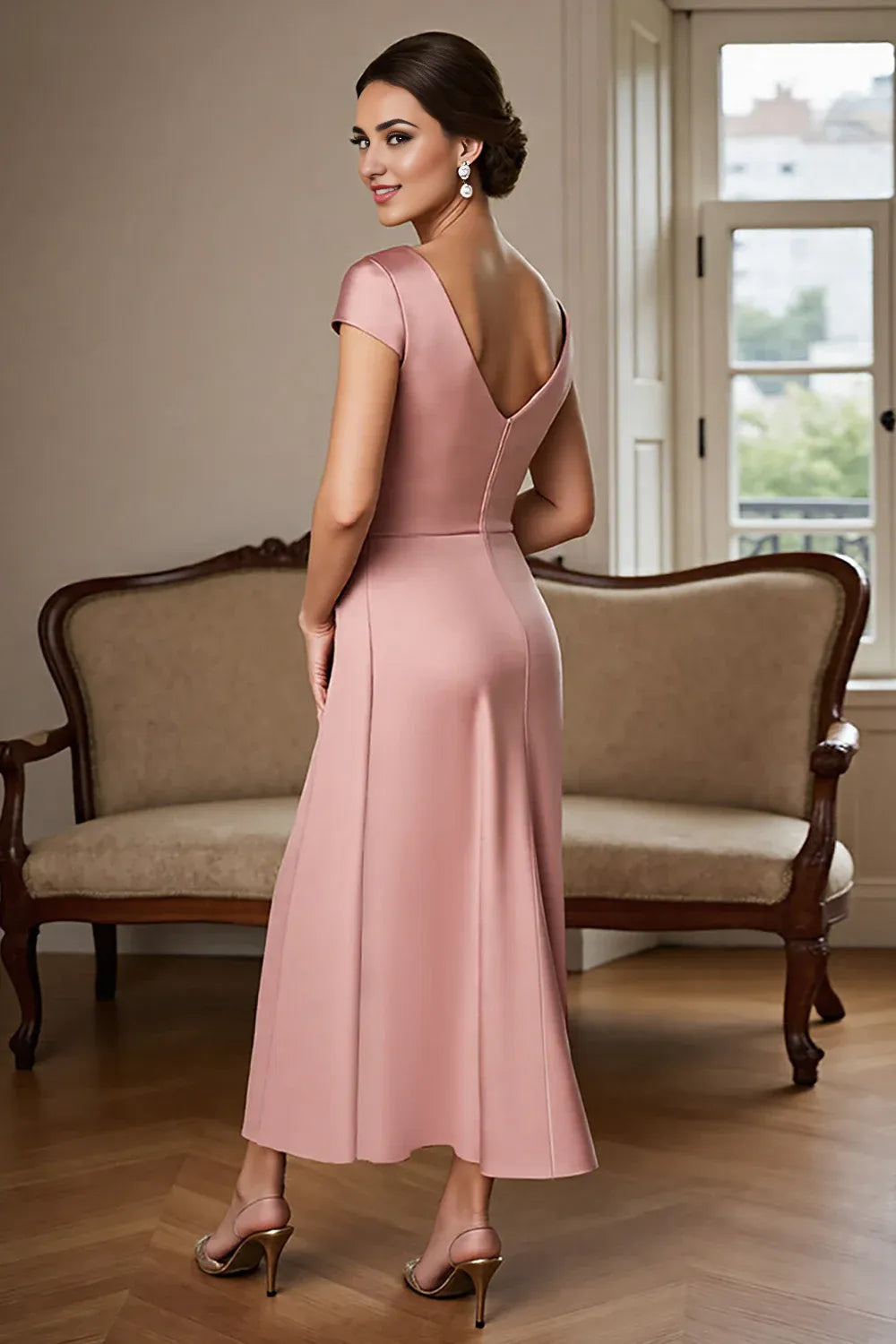 Sheath V-Neck Cap Sleeve V Back Ankle-Length Mother of the Bride Dress