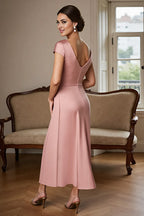 Sheath V-Neck Cap Sleeve V Back Ankle-Length Mother of the Bride Dress