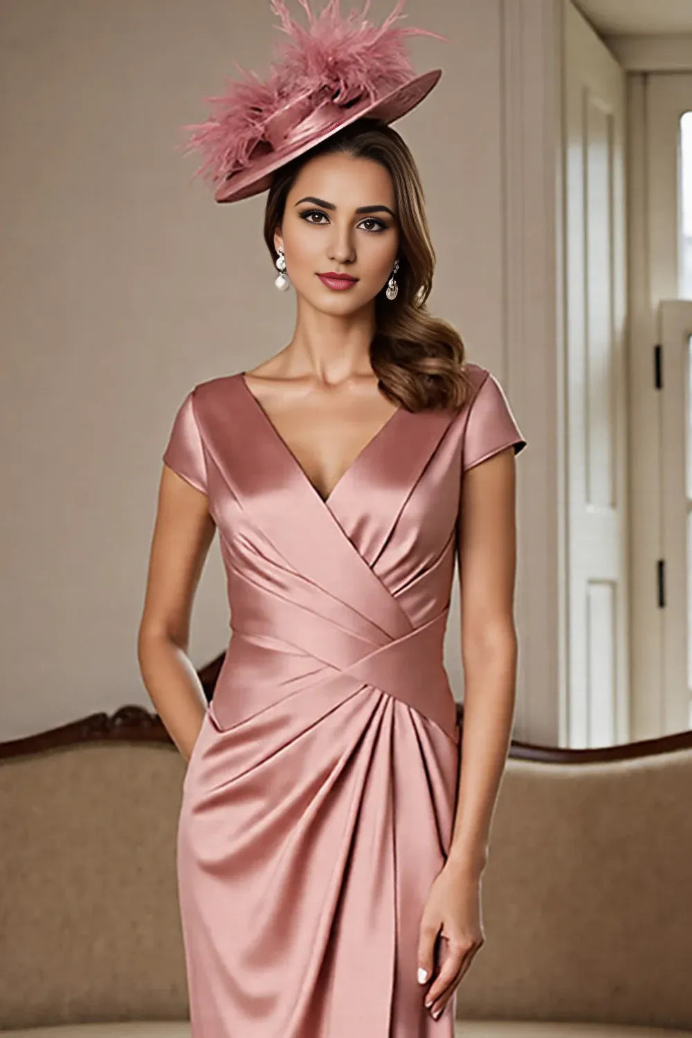 Sheath V-Neck Cap Sleeve V Back Ankle-Length Mother of the Bride Dress