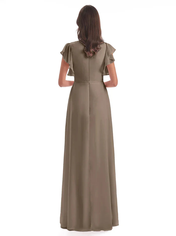 Simple Sheath V-Neck Sleeveless Chiffon Split Floor-Length Bridesmaid Dress