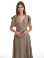 Simple Sheath V-Neck Sleeveless Chiffon Split Floor-Length Bridesmaid Dress