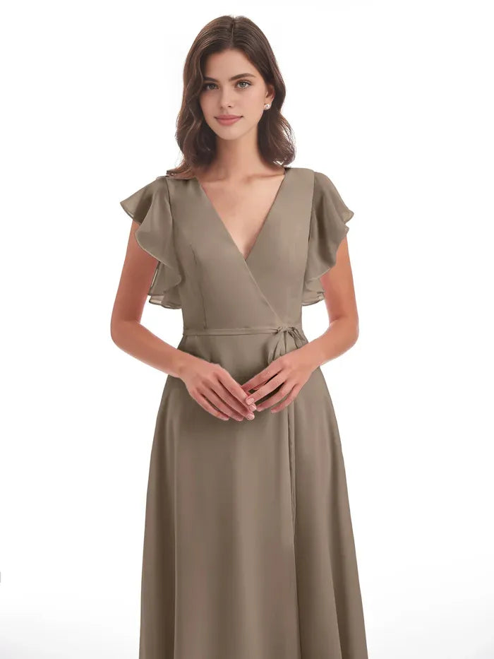 Simple Sheath V-Neck Sleeveless Chiffon Split Floor-Length Bridesmaid Dress