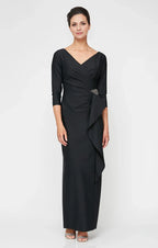 Sheath V Neck Long Sleeve Zipper Up Floor-Length Mother of the Bride Dress