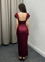 Square Neck Puff Sleeve Sheath Ruched Ankle-Length Evening Dress