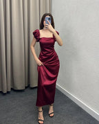 Square Neck Puff Sleeve Sheath Ruched Ankle-Length Evening Dress