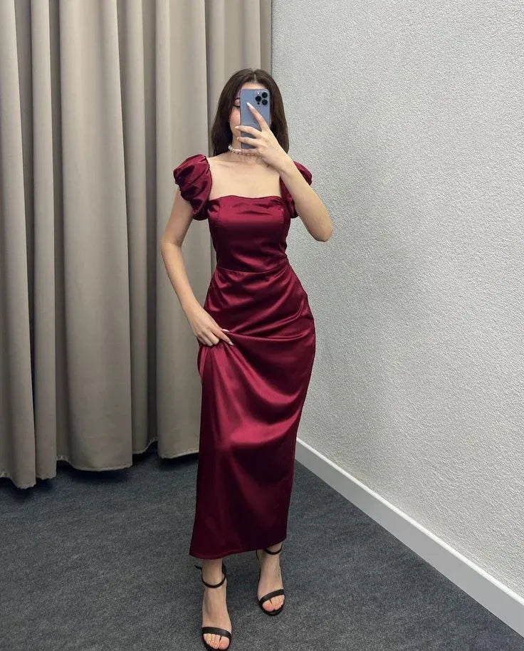 Square Neck Puff Sleeve Sheath Ruched Ankle-Length Evening Dress
