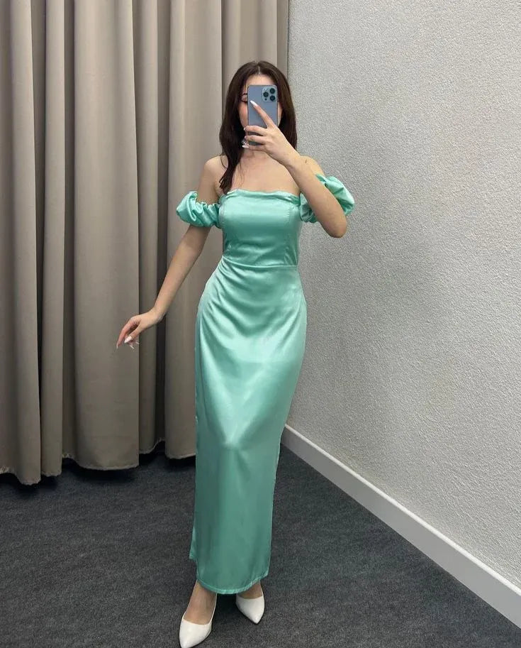 Square Neck Puff Sleeve Sheath Ruched Ankle-Length Evening Dress