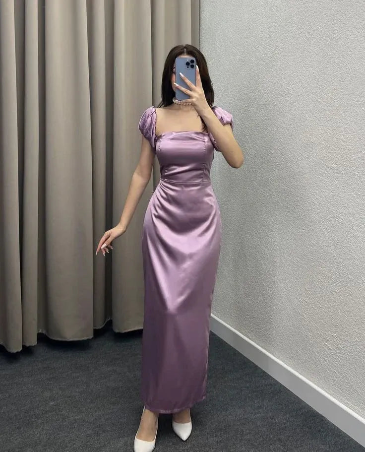 Square Neck Puff Sleeve Sheath Ruched Ankle-Length Evening Dress