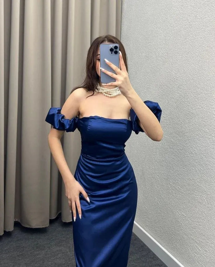 Square Neck Puff Sleeve Sheath Ruched Ankle-Length Evening Dress