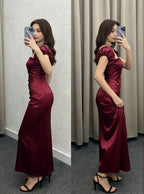 Square Neck Puff Sleeve Sheath Ruched Ankle-Length Evening Dress