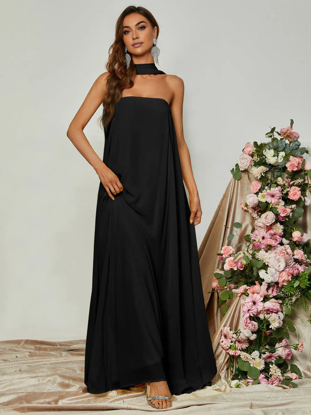Straight Tube Strapless Sleeveless Backless Sweep/Brush Train Prom Dress
