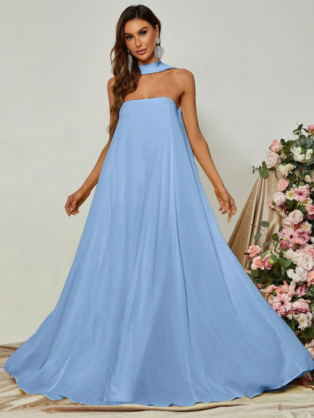 Straight Tube Strapless Sleeveless Backless Sweep/Brush Train Prom Dress