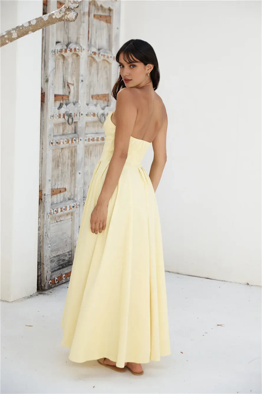 Yellow Strapless Long Dresses for Women Formal Elegant A-line No Slit Prom Dresses