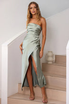 Strapless Prom Dresses for Women Formal With Slit Sage V Neck Long Cheap Mermaid Style Gowns