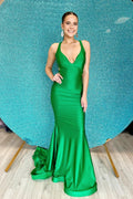 V-neck Sleeveless Mermaid Pleated Long Prom Dress