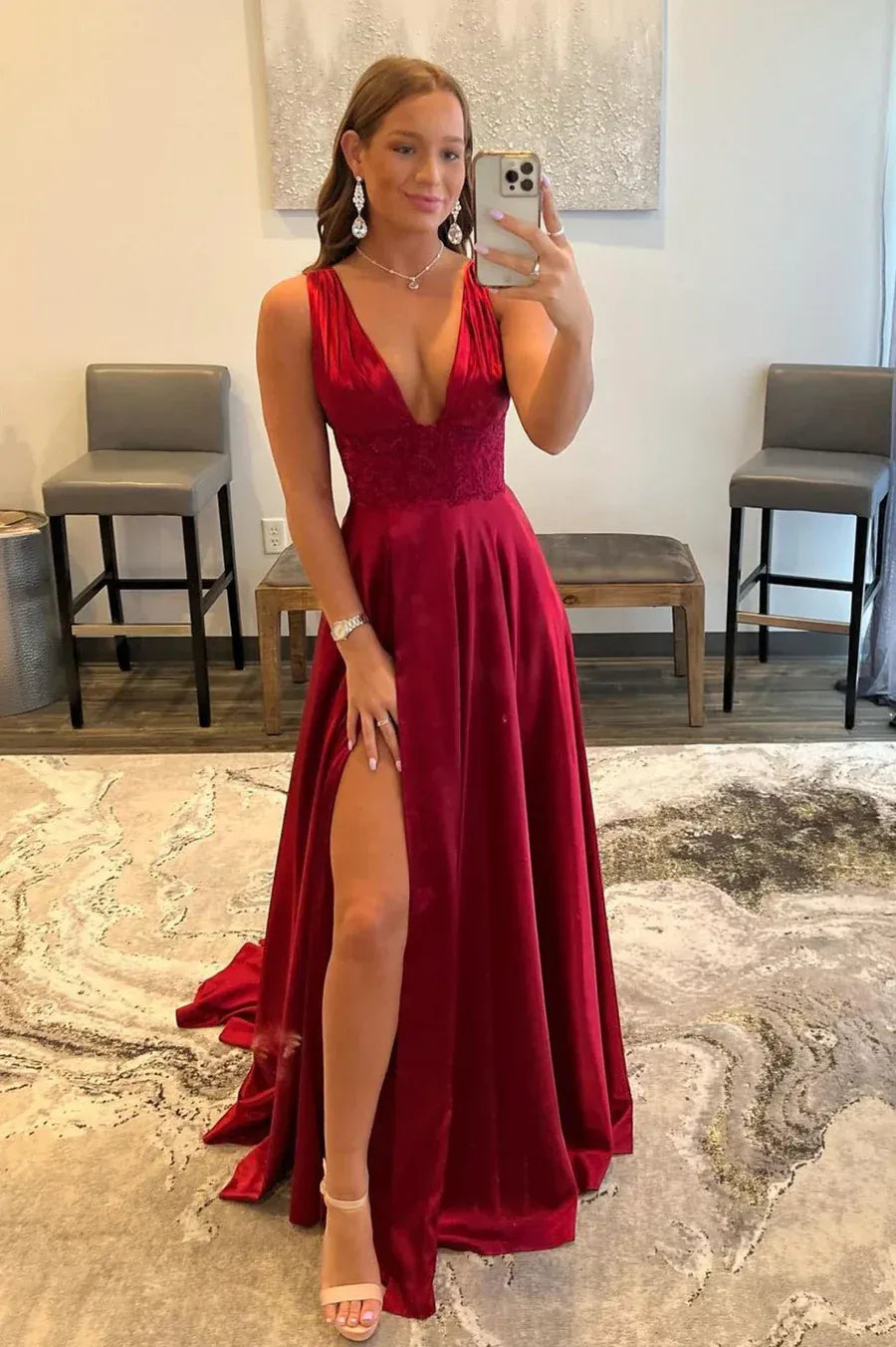 V Neck Sleeveless A-Line Appliques Floor Length Prom Dress