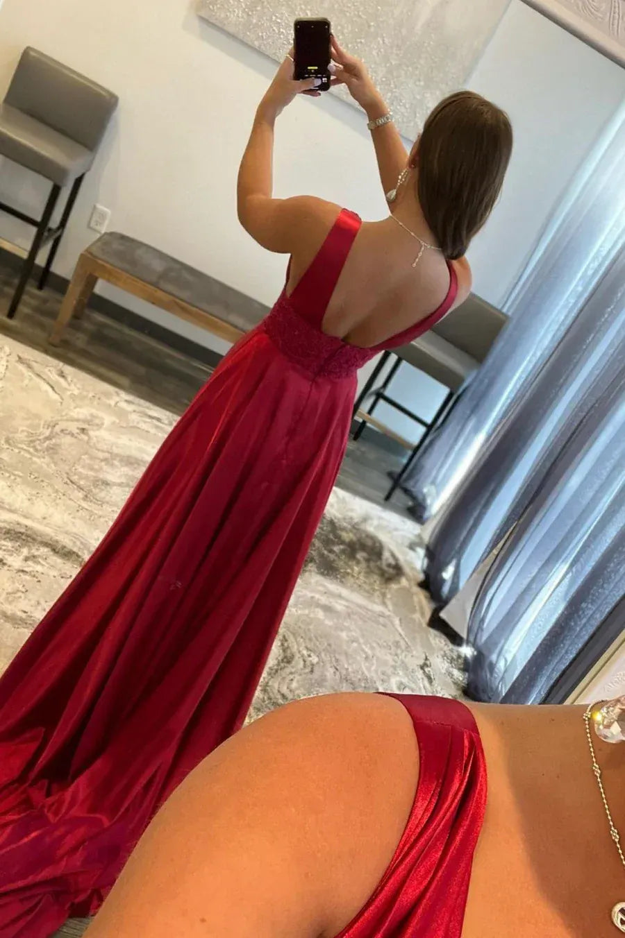 V Neck Sleeveless A-Line Appliques Floor Length Prom Dress
