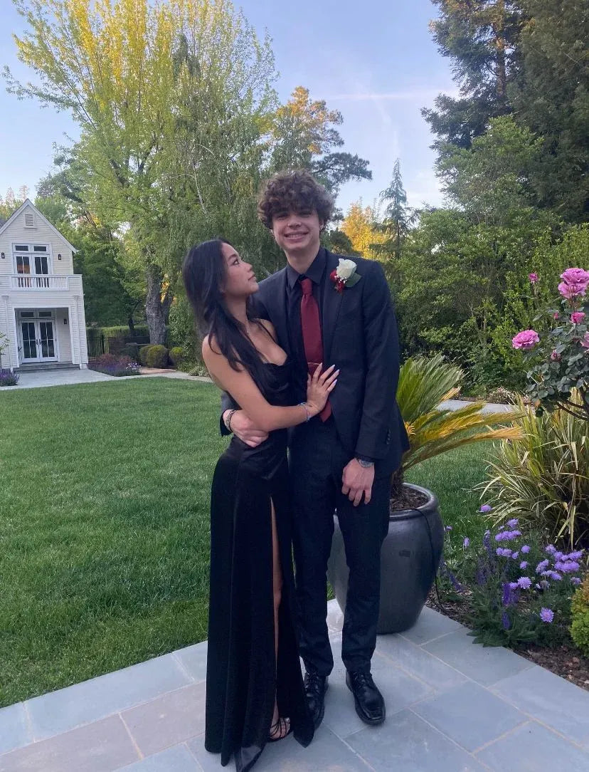 V Neck Sleeveless Sheath Slit Long Prom Dress