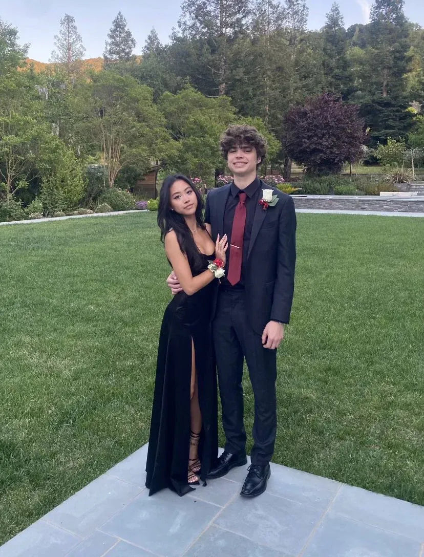 V Neck Sleeveless Sheath Slit Long Prom Dress