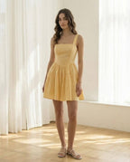 Yellow A-Line Square Neck Tie Ruffle Pastel Yellow Mini Homecoming Dress