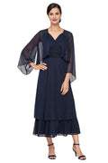A-Line V Neck Flutter Sleeve Tea-Length Mother of the Bride Dress